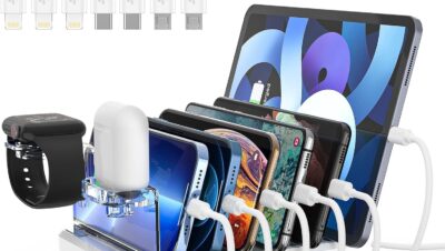 Amazon.com: Estación de carga para múltiples dispositivos, estación de  carga de 60 W y 6 puertos con 7 cables de carga mixtos, base de carga USB,  ...